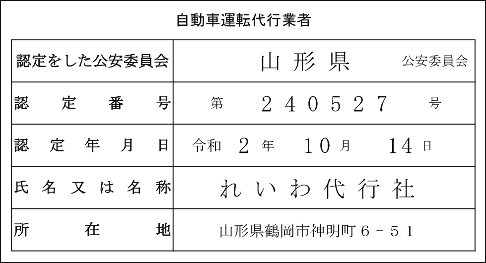 山形県公安委員会認定　認定番号第240527号